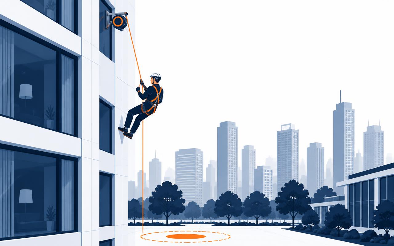 2D concept of the Safe SKYDROP controlled descent system carrying a harnessed person safely down a high-rise building