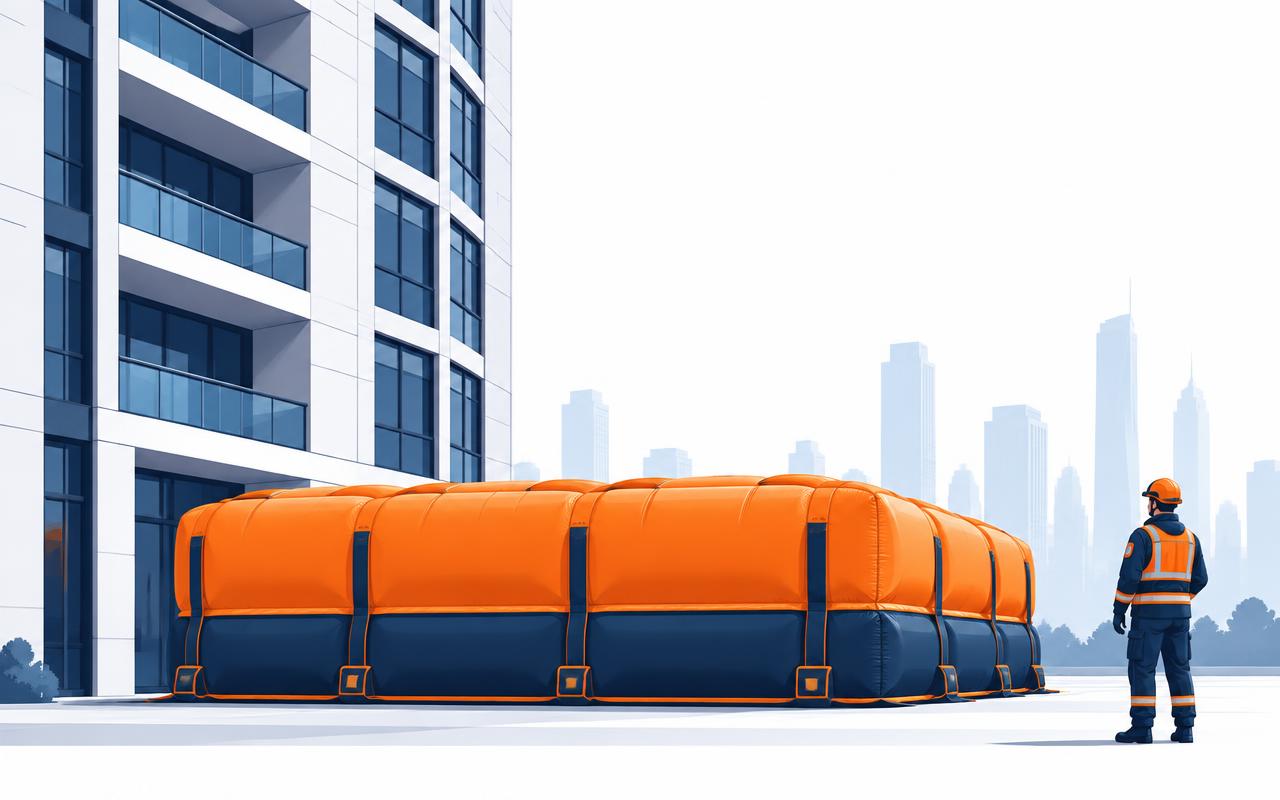 2D concept of an inflated Safe SKYDROP rescue cushion deployed beside a high-rise building